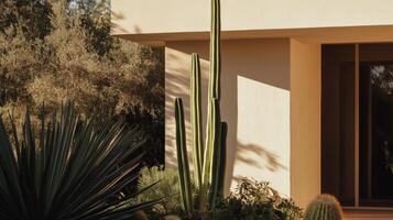 A cactus plant in front of a building photo