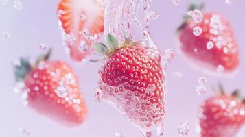 Strawberries are being splashed with water photo