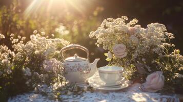 Tea and flowers on a table in the sun photo