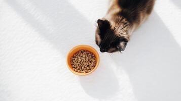 A cat eating food from a bowl on the snow photo