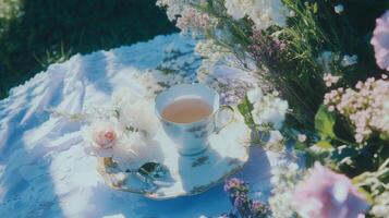 Tea cup and flowers photo