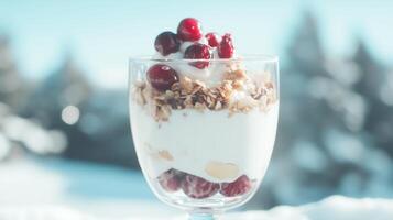 Yogurt with cranberries and almonds in a glass photo