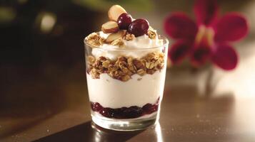 A dessert with yogurt and cherries in a glass photo