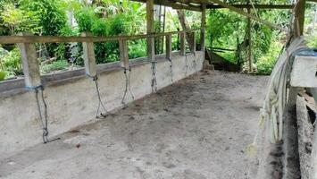 A concrete structure with a wooden fence and a wooden bench photo