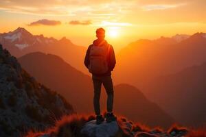 Thoughtful Hiker on a Rocky Ridge with Radiant Sun Rays photo