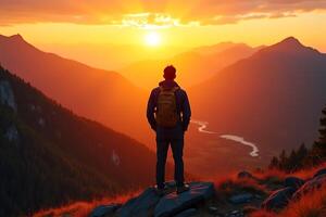 Contemplative Hiker on a Golden Sunset Mountain Peak photo