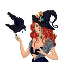 Illustration of red-haired witch with raven in her hands. Perfect for Halloween and fantasy designs. vector