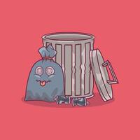 Garbage Can with a garbage bag character. vector