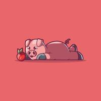 Lazy Pig Character lying on the floor looking at an apple. vector
