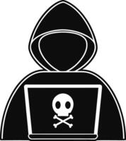 Anonymous Hacker Silhouette With Skull And Crossbones On Laptop Screen vector