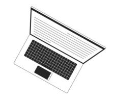 Modern angled laptop with screen filled with lines of data 2D line object. Overhead top view notebook display with keyboard isolated clipart ink outline item. Monochrome spot illustration vector