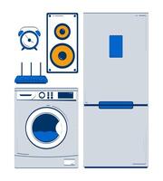 Home appliances 2D doodle objects set. Fridge, washing machine, router, speaker, alarm clock cartoon elements flat cliparts isolated on white background. Hand drawn illustrations collection vector