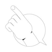 Hand pointing upward inside circular speech bubble outline illustration. Guidance, instruction. Gesture communication chat box isolated 2D image black and white. Linear drawing clip art vector