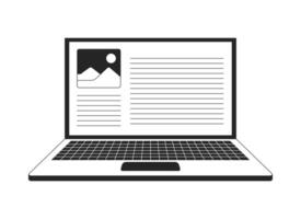 Open laptop with webpage content 2D line object. Digital publishing. Notebook displaying web page layout blog article isolated clipart ink outline item. Monochrome spot illustration vector