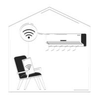 Smart air conditioner controlled remotely via phone doodle line illustration concept. Remote tablet control of AC wifi cooling IoT 2D outline composition isolated. Hand drawn ink metaphor monochrome vector