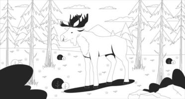 Moose standing in mountain forest clearing line illustration. Woodland animal surrounded by pine trees, rolling hills. Elk wildlife 2D ink linear character monochrome. Flat outline image vector