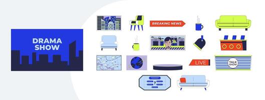 TV shows and broadcast elements cartoon flat illustrations mega bundle. Studio props furniture, breaking news, weather map, talk show 2D images isolated on white. Collection drawings colorful vector