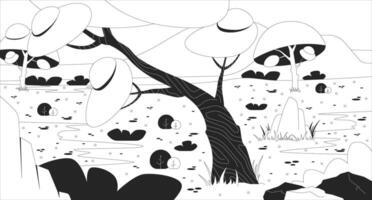 African savanna landscape with trees and bushes line illustration backdrop. Desert savannah environment with rocks vegetation. Safari terrain 2D ink outline monochrome background. Lineart vector