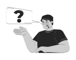 Glasses arab man asking question with speech bubble doodle linear character. Friendly guy gesturing while speaking 2D outline person isolated. Hand drawn drawing illustration monochrome vector