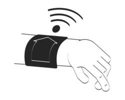 Smartwatch hand with remote home control and wifi signal doodle outline illustration. Wrist IoT wearable emitting Wi-Fi 2D drawing sketch isolated on white. Monochrome clip-art handdrawn vector