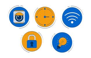IoT smart home icons 2D doodle objects set. Security camera, clock, Wi-Fi, lock, lightbulb cartoon elements flat cliparts isolated on white background. Hand drawn illustrations collection vector