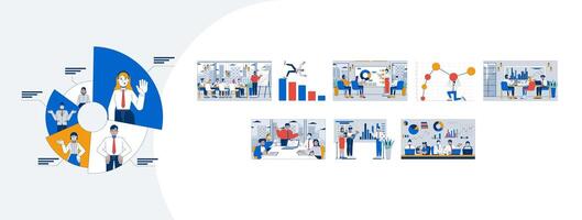 Corporate studying infographics cartoon flat illustrations mega bundle. Data visualization. Diverse office workers on business meetings 2D images isolated on white. Collection drawings colorful vector