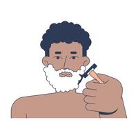 Black man using shaving cream and razor to groom beard 2D illustration. Skin routine. African american male hygiene flat character isolated on white background. Colorful cartoon image vector