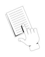 Interactive reading gesture outline illustration. User engagement with written content. Hand finger pointing at text on document page isolated 2D image black and white. Linear drawing clip art vector