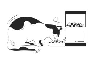 Cat lovingly eating from automatic feeder doodle linear character. Smart pet care. Feeding automation. IoT device feline 2D outline animal isolated. Hand drawn drawing illustration monochrome vector