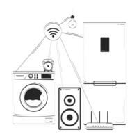Connected via Wi-Fi smart home appliances doodle line illustration concept. IoT fridge, washer, alarm clock, speaker, lightbulb 2D outline composition isolated. Hand drawn ink metaphor monochrome vector