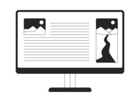 Desktop monitor with web article layout 2D line object. Computer display webpage with text content and placeholder images isolated clipart ink outline item. Monochrome spot illustration vector