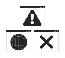 Web alert interface 2D line objects set. Error message. Global network browser windows. Online warning popups isolated cliparts ink outline items. Monochrome spot illustrations collection vector