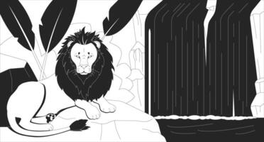 Majestic lion resting by flowing waterfall line illustration. Big cat mane on rock in rainforest. Predator wild animal jungle 2D ink linear character monochrome. Flat outline image vector