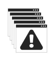 Error messages web multiple popups 2D line object. Overlapping browser windows with alert triangle and exclamation mark isolated clipart ink outline item. Monochrome spot illustration vector