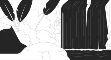 Tropical waterfall in jungle line illustration backdrop. Lush greenery landscape, rocks and falling water. Rainforest nature environment 2D ink outline monochrome background. Lineart vector