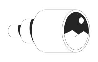 Observation through telescope 2D line object. Focus, exploration, surveillance tool. Forward vision. Mountain landscape in lens isolated clipart ink outline item. Monochrome spot illustration vector