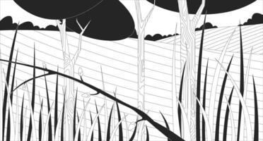 Spring grassland landscape with bud branch and trees line illustration backdrop. Tall grasses, rolling hills. Springtime field. Summer nature 2D ink outline monochrome background. Lineart vector