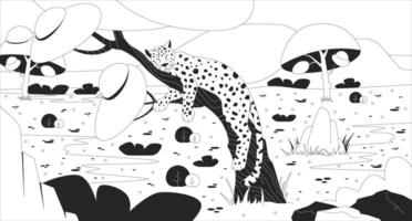 Sleeping leopard on tree in african savanna line illustration. Wild cat resting. Safari animal nap. Wildlife predator habitat 2D ink linear character monochrome. Flat outline image vector