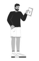 African american man holding tablet with Wi-Fi signal doodle linear character. Black male IoT user using wifi control 2D outline person isolated. Hand drawn drawing illustration monochrome vector