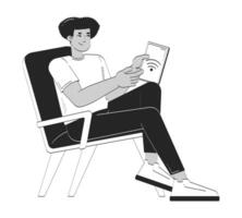 Latino man controlling smart devices via tablet doodle linear character. IoT user seated comfortably, holding wifi screen 2D outline person isolated. Hand drawn drawing illustration monochrome vector