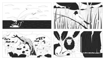 Wildlife animals in natural habitats line illustrations set. Dolphin jumping, bird grassland, lion, leopard sleeping 2D ink linear characters monochrome. Flat outline images collection vector