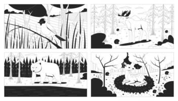 Forest wildlife line illustrations set. Moose, bear, bird and fawn. Grizzly, songbird, baby dear, elk in woodland 2D ink linear characters monochrome. Flat outline images collection vector