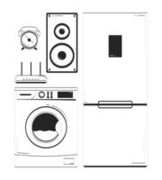 Home appliances doodle linear objects set. Fridge, washing machine, router, speaker, alarm clock 2D outline clip arts drawings isolated on white. Hand drawn sketch illustrations collection vector
