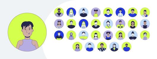 Diverse avatars in circular frames cartoon flat illustrations mega bundle. Multicultural people with varied hairstyles, expressions 2D images isolated on white. Collection drawings colorful vector