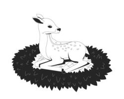 Baby deer resting on grass 2D line character. Fawn curled up on grassy nest. Gentle creature. Forest animal. Cute wildlife isolated ink outline creature. Monochromatic spot illustration vector