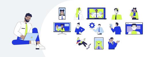 Digital business communication and remote work cartoon flat illustrations mega bundle. Virtual meetings, call. Diverse employees 2D images isolated on white. Collection drawings colorful vector