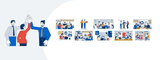Business teamwork and meetings cartoon flat illustrations mega bundle. Project planning, brainstorming. Diverse team office workers 2D images isolated on white. Collection drawings colorful vector