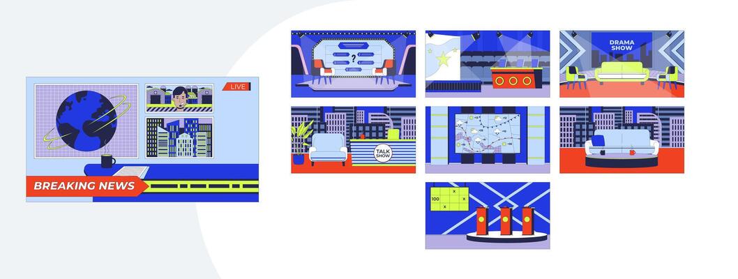 TV shows studio set cartoon flat illustrations mega bundle. Quiz competition, breaking news desk, weather broadcast furniture 2D images isolated on white. Collection drawings colorful