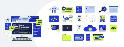 Software development and programming cartoon flat illustrations mega bundle. Coding, cloud security, source code, debugging backend 2D images isolated on white. Collection drawings colorful vector