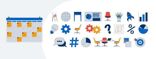 Business management essentials cartoon flat illustrations mega bundle. Calendar, charts, gears, office desk, piechart, target, rocket 2D images isolated on white. Collection drawings colorful vector